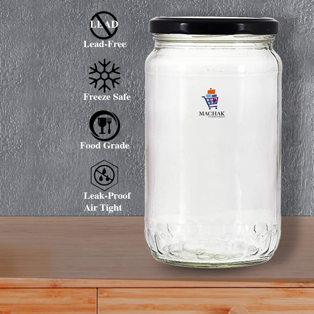 Machak Kitchen Storage Glass Jar For Kitchen With Air Tight Black Cap, 500Ml, Clear (3)